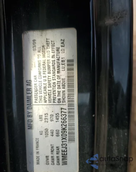 2009 Smart Fortwo Pure z USA, uszkodzony, nr VIN WMEEJ31X09K266377